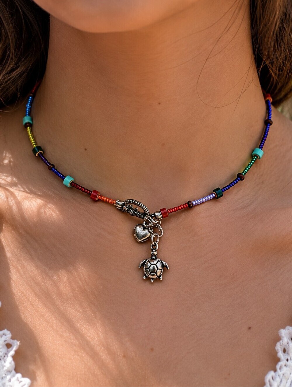 HANDMADE Beaded Rainbow Turtle Heart Charm Toggle Festival Necklace